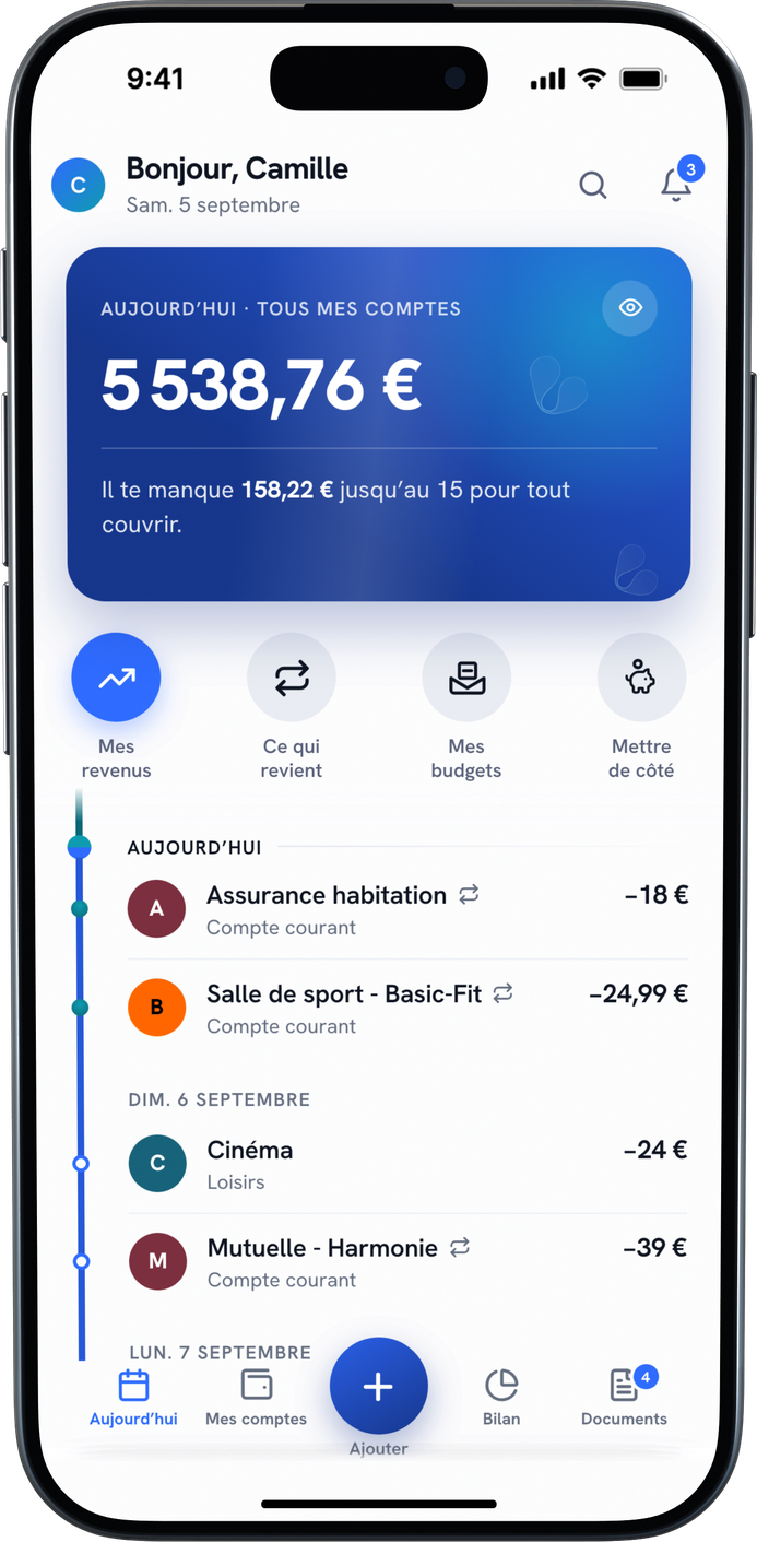 L'application Lielo sur un téléphone : le solde de tous les comptes, ce qu'il reste à vivre d'ici la paie, et les prélèvements à venir.